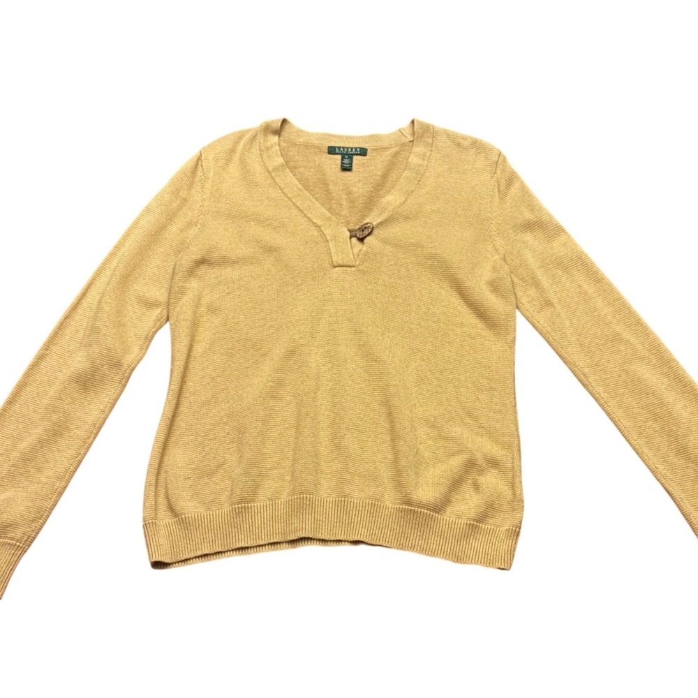Lauren Ralph Lauren | Women's XL | Khaki Beige | Cotton V-Neck |‎ Toggle Sweater